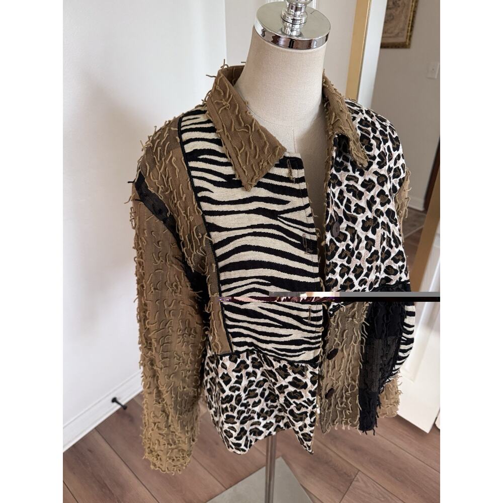 Vintage Abstract Animal Print Cropped Jacket XL Oversized Zebra Leopard Boho - Picture 3 of 16